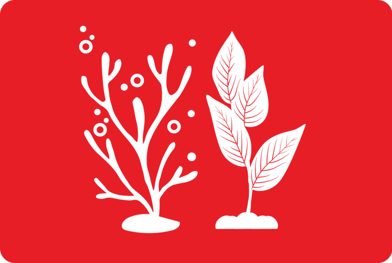 Bæredygtighedslogo med hvide planter på en rød baggrund