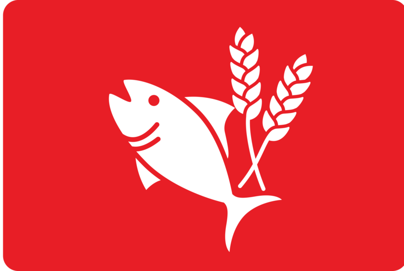 Logo med hvid fabrik på en rød baggrund 
