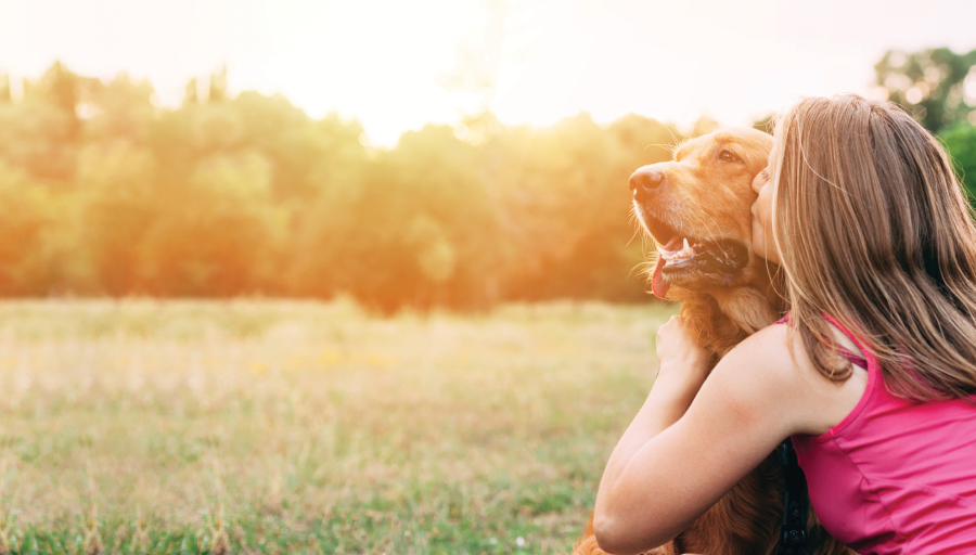 Kvinde sidder med sin hund udenfor i en mark og kysser dens ansigt