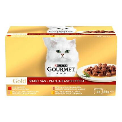 GOURMET™ Gold Bidder i sovs, med okse, kalkun og and, kylling og lever, laks og kylling, 85g dåse
