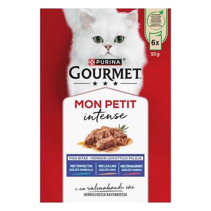 GOURMET MON PETIT Intense, komplet vådfoder til voksne katte, med tun, laks, ørred, 6 x 50g poser