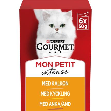 GOURMET MON PETIT Intense, komplet vådfoder til voksne katte, med and, kylling, kalkun, 6 x 50g poser