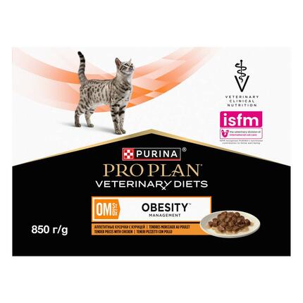 PURINA PRO PLAN VETERINARY DIETS OM St/Ox Obesity Management møre  bidder i sovs med kylling vådfoder til katte poser 10x85g