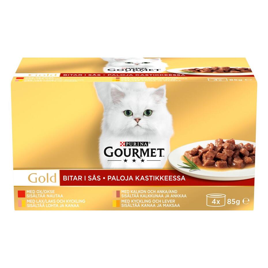 GOURMET™ Gold Bidder i sovs, med okse, kalkun og and, kylling og lever, laks og kylling, 85g dåse
