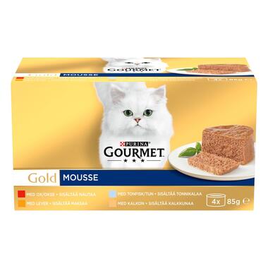GOURMET® Gold Mousse med Tunfisk, Lever, Kalkun & Okse (12-pack)