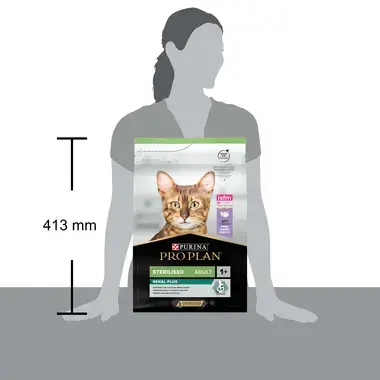 Højden på ProPlan kattemad med kalkun til voksne 1+ er 413 mm
