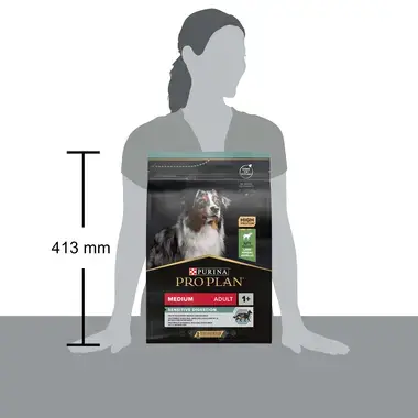 Højden på ProPlan hundemad til voksne 1+ med lam er 413 mm