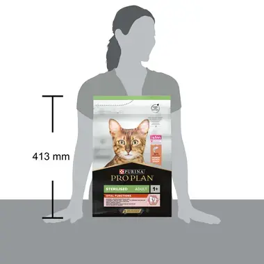 Højden på ProPlan kattemad med laks til senior 7+ sterilisrede katte er 413 mm
