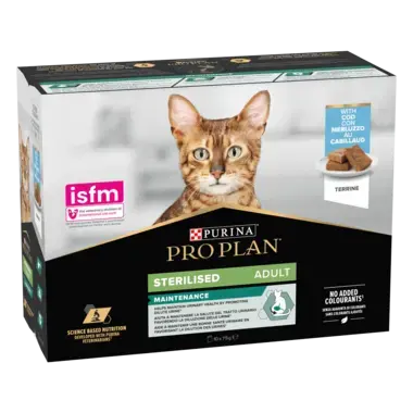 Boks med ProPlan kattemad til voksne sterilisede katte med torsk