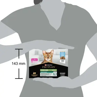 Højden på ProPlan kattemad med torsk til voksne steriliserede katte er 143 mm