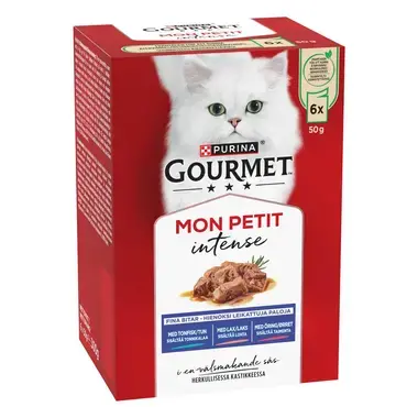 GOURMET MON PETIT Intense, komplet vådfoder til voksne katte, med tun, laks, ørred, 6 x 50g poser