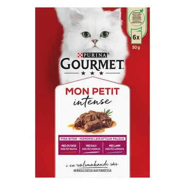 GOURMET MON PETIT Intense, komplet vådfoder til voksne katte, med okse, kalv, lam, 6 x 50g poser