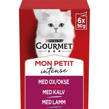 GOURMET MON PETIT Intense, komplet vådfoder til voksne katte, med okse, kalv, lam, 6 x 50g poser