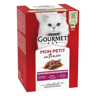 GOURMET MON PETIT Intense, komplet vådfoder til voksne katte, med okse, kalv, lam, 6 x 50g poser