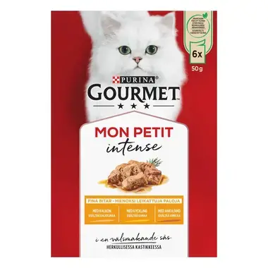 GOURMET MON PETIT Intense, komplet vådfoder til voksne katte, med and, kylling, kalkun, 6 x 50g poser