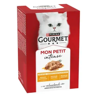 GOURMET MON PETIT Intense, komplet vådfoder til voksne katte, med and, kylling, kalkun, 6 x 50g poser