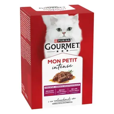 GOURMET MON PETIT Intense, komplet vådfoder til voksne katte, med okse, kalv, lam, 6 x 50g poser