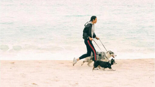 Kvinde løber på stranden med sine hunde